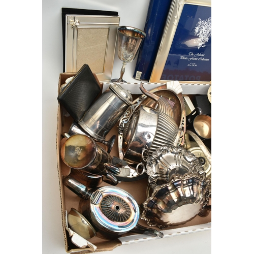 138 - A BOX OF ASSORTED WHITE METAL WARE, to include a three piece EPBM tea set comprising of a teapot, su... 