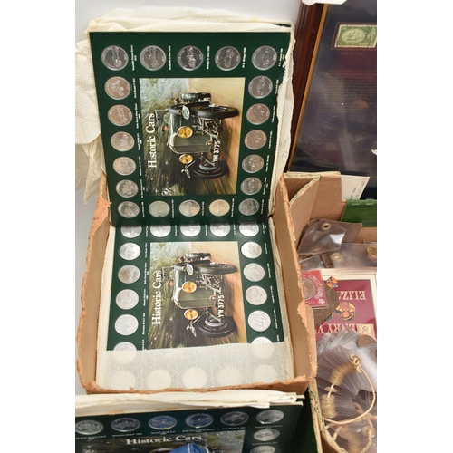 142 - A LARGE CARDBOARD BOX OF COINS AND COMMEMORATIVES, to include a Limited Edition Nelsons Battle of Tr... 