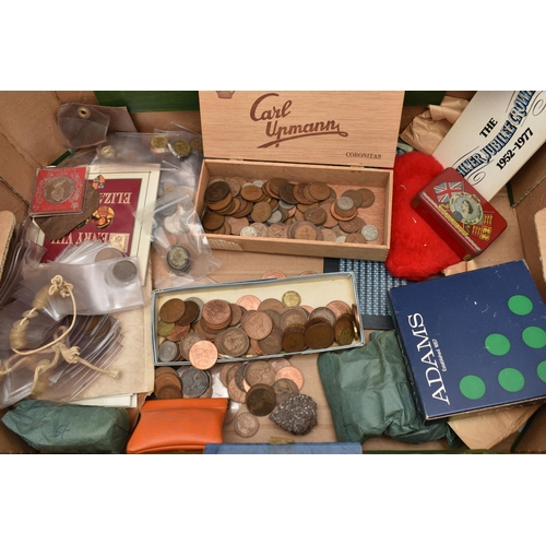 142 - A LARGE CARDBOARD BOX OF COINS AND COMMEMORATIVES, to include a Limited Edition Nelsons Battle of Tr... 