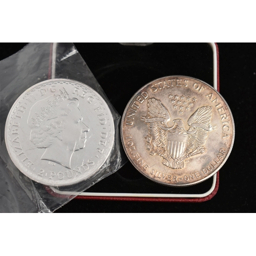 143 - A 1993 SILVER LIBERTY EAGLE $1 COIN TOGETHER WITH A 1999 1oz 2 POUNDS SILVER BRITANNIA