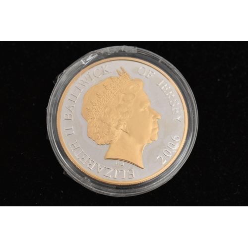 144 - A ELIZABETH 11 BAILIWICK of JERSEY 2006 SILVER PROOF FIVE POUNDS COIN, highlighted with gold