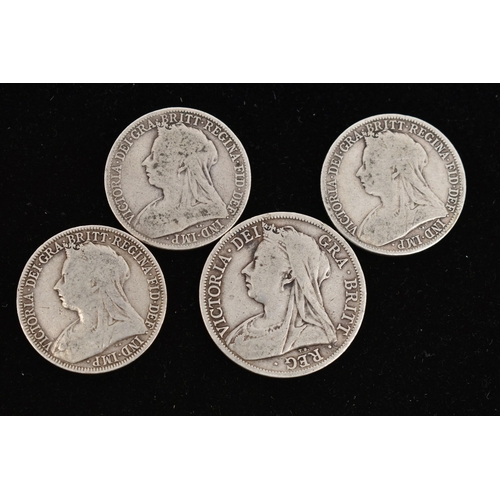 148 - A PARCEL OF VICTORIAN SILVER COINS, to include three 1890s Florins together with an 1899 Half-crown ... 