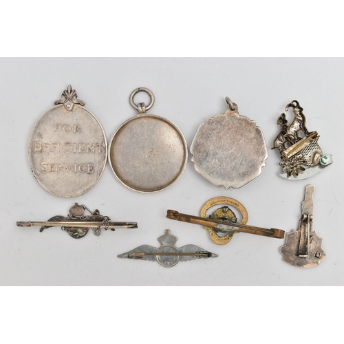 155 - A SELECTION OF MEDALS AND BROOCHES, to include a George VI medal 'For Efficient Service,' edge stamp... 