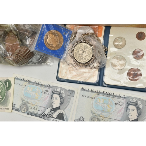 156 - A CARDBOARD BOX OF MIXED COINS, COMMEMORATIVES AND BANKNOTES, to include $605.00 in US bills, £5 and... 