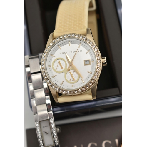 87 - THREE LADIES DESIGNER WRISTWATCHES, to include a stainless steel Gucci watch with mother of pearl fa... 