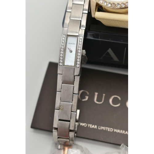 87 - THREE LADIES DESIGNER WRISTWATCHES, to include a stainless steel Gucci watch with mother of pearl fa... 