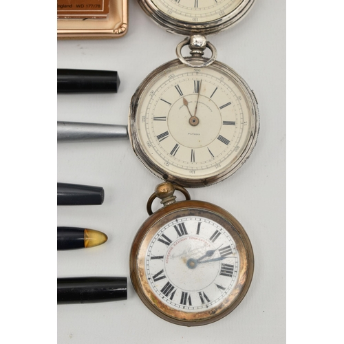 88 - THREE POCKET WATCHES AND ASSORTED PENS, to include a silver, open face pocket watch, key wound, Roma... 