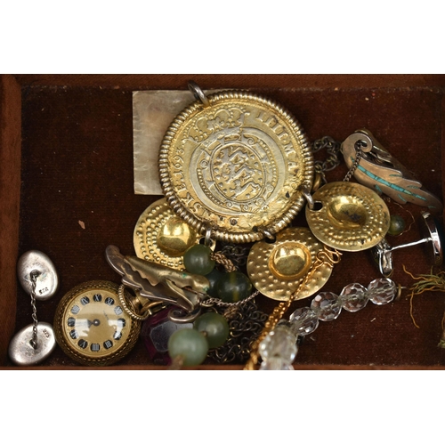 91 - A SMALL GREEN BOX WITH CONTENTS, to include a silver Scottish brooch, set with an orange circular pa... 