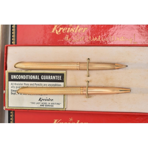 92 - AN ASSORTMENT OF PENS AND PENCILS, to include two cased sets of 'Kreisler' 18ct gold plated ball poi... 