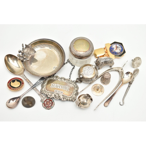 96 - AN ASSORTMENT OF SILVER ITEMS, to include a pair of wishbone sugar tongs, hallmarked 'James Swann & ... 