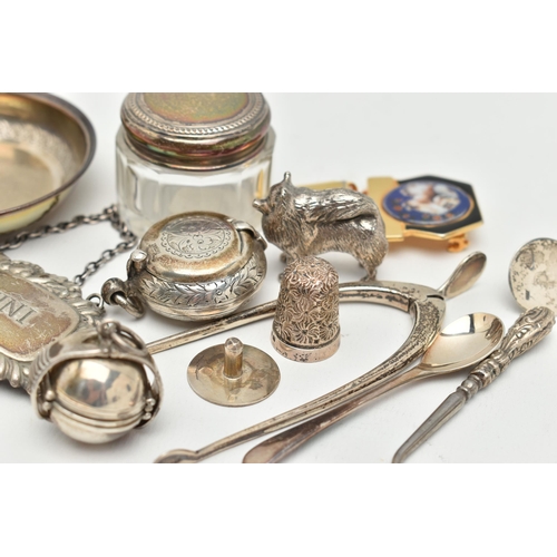 96 - AN ASSORTMENT OF SILVER ITEMS, to include a pair of wishbone sugar tongs, hallmarked 'James Swann & ... 