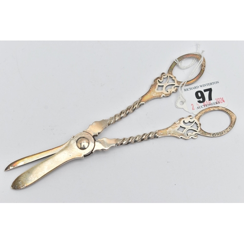 97 - A PAIR OF LATE VICTORIAN GRAPE SCISSORS, scrolled acanthus detail to the handles, approximate length... 