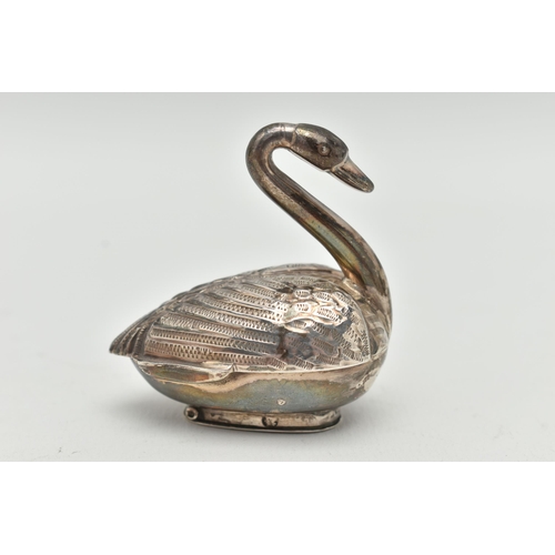 99 - A DUTCH SILVER SWAN NOVELTY BOX, approximate height 51mm, hinged base, Dutch export and duty hallmar... 