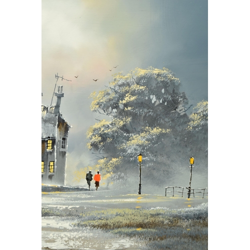 301 - ALLAN MORGAN (BRITISH 1952) AN ATMOSPHERIC LANDSCAPE, two figures are taking a stroll beside a row o... 