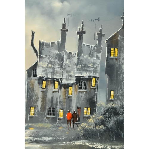 302 - ATTRIBUTED TO ALLAN MORGAN (BRITISH 1952) AN ATMOSPHERIC TOWNSCAPE, two figures are taking a stroll ... 