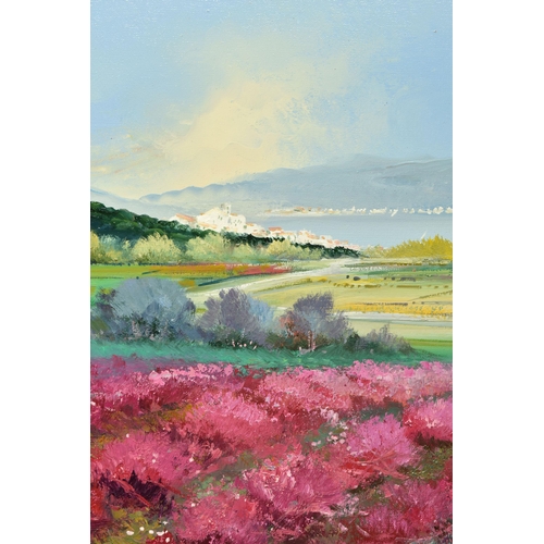 318 - MIGUEL TORRES (SPAIN 1948), 'PINK HEATHERS', a Spanish landscape with yachts under sail to the dista... 