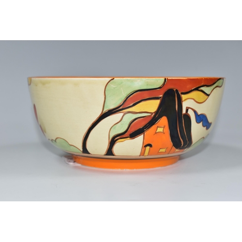 327 - A CLARICE CLIFF FANTASQUE 'ORANGE HOUSE' PATTERN BOWL, painted with two orange houses in a fantasy l... 