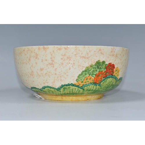 330 - A CLARICE CLIFF PATINA 'COUNTRY' PATTERN BOWL, painted with a country landscape on a textured spatte... 