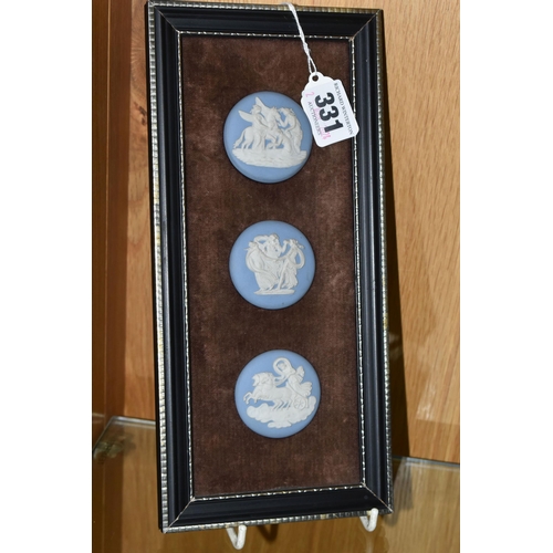 331 - A GROUP OF FRAMED WEDGWOOD JASPERWARE PLAQUES, comprising  a framed set of eight Wedgwood Miniature ... 