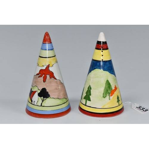 333 - TWO RENE DALE CONICAL SUGAR SHAKERS, one painted with a castle amongst trees and hills, the other wi... 