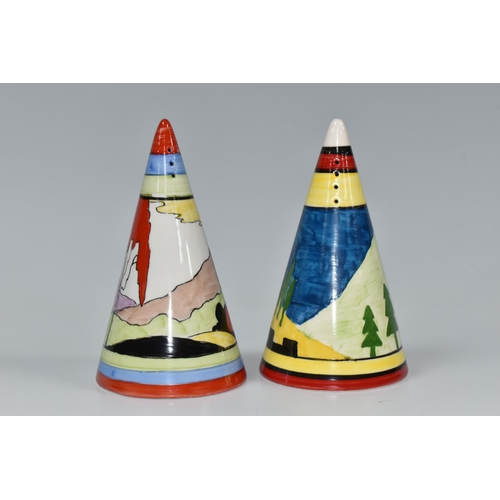 333 - TWO RENE DALE CONICAL SUGAR SHAKERS, one painted with a castle amongst trees and hills, the other wi... 