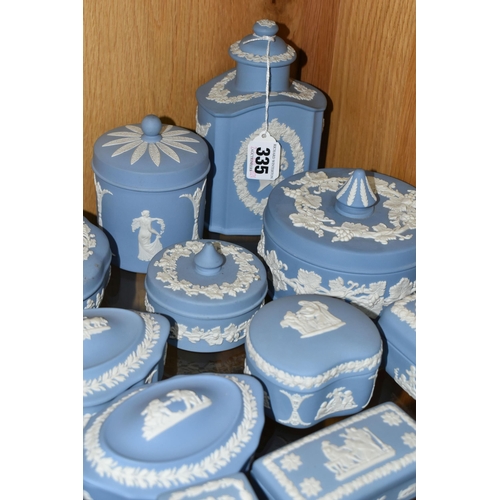 335 - A COLLECTION OF WEDGWOOD JASPERWARE TRINKET BOXES AND COVERED POTS, fifteen pale blue pieces in diff... 