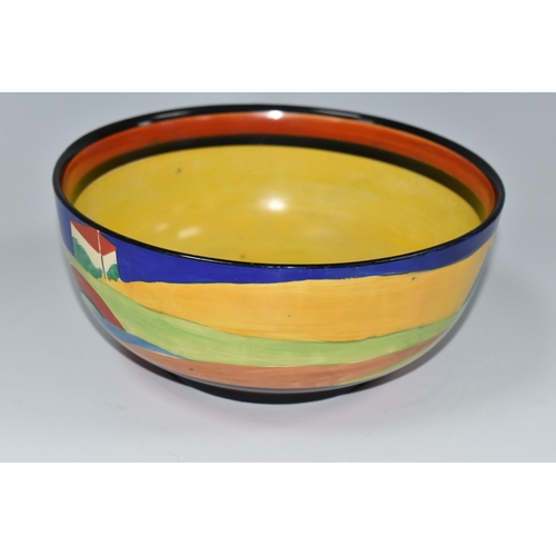 336 - A CLARICE CLIFF 'APPLIQUE LUGANO' BOWL, painted with stylised buildings and landscape, with yellow a... 