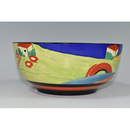 336 - A CLARICE CLIFF 'APPLIQUE LUGANO' BOWL, painted with stylised buildings and landscape, with yellow a... 