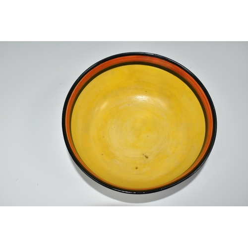 336 - A CLARICE CLIFF 'APPLIQUE LUGANO' BOWL, painted with stylised buildings and landscape, with yellow a... 