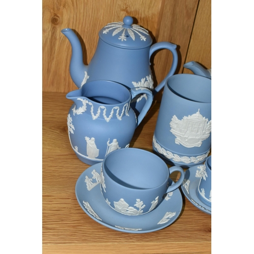 338 - A COLLECTION OF WEDGWOOD JASPERWARE TEA WARE, eleven pale blue pieces, comprising a teapot and stand... 