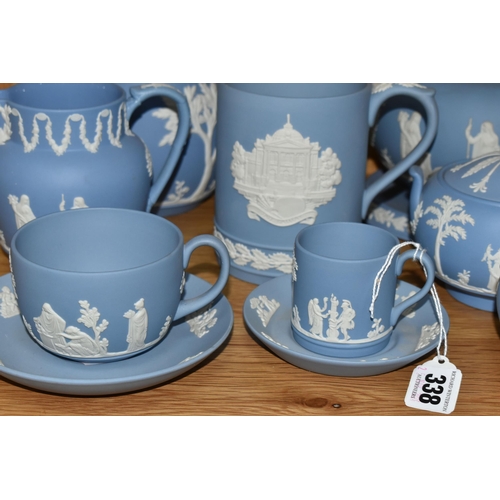 338 - A COLLECTION OF WEDGWOOD JASPERWARE TEA WARE, eleven pale blue pieces, comprising a teapot and stand... 