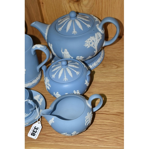 338 - A COLLECTION OF WEDGWOOD JASPERWARE TEA WARE, eleven pale blue pieces, comprising a teapot and stand... 