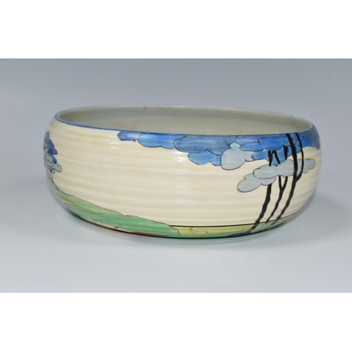 339 - A CLARICE CLIFF 'BLUE FIRS' PATTERN 632 BOWL, painted with stylised blue fir trees in a landscape, w... 