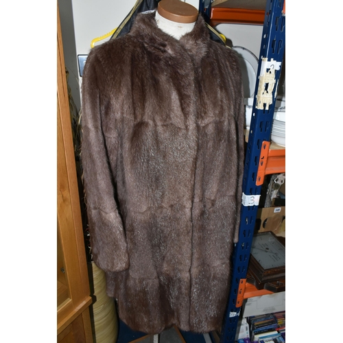 340 - A THREE QUARTER LENGTH FUR COAT, comprising a dusty rose/taupe coloured ladies fur coat, Mandarin st... 