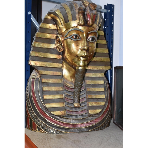 341 - A LARGE BUST OF TUTANKHAMUN AND EGYPTIAN DISPLAY CASE, comprising Tutankhamun 'Golden Mask', height ... 