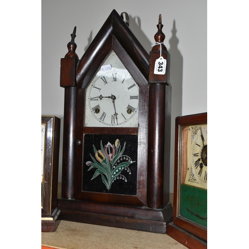 343 - A GROUP OF THREE LATE 19TH CENTURY CLOCKS, comprising an American mahogany-cased steeple clock, Wate... 