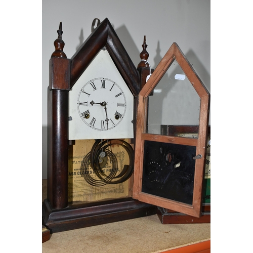 343 - A GROUP OF THREE LATE 19TH CENTURY CLOCKS, comprising an American mahogany-cased steeple clock, Wate... 