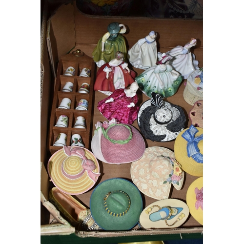 350 - ONE BOX OF ORNAMENTS AND LIGHT FITTINGS, to include six miniature Royal Doulton figurines, Kirsty HN... 