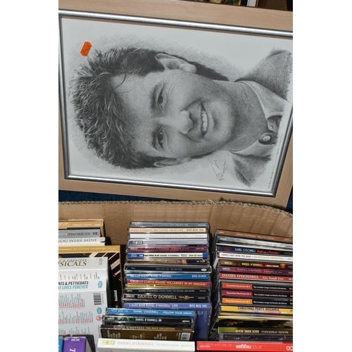 353 - TWO BOXES OF L.PS, DVDS AND CDS, to include a framed print of a 'Jonathan Wood' drawing of Daniel O'... 