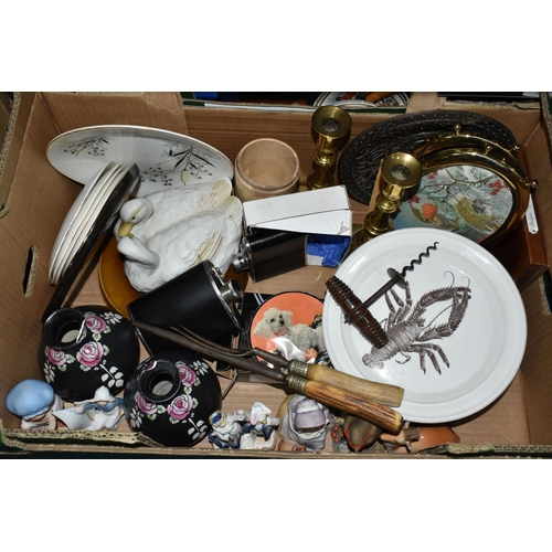 354 - THREE BOXES OF MISCELLANEOUS SUNDRIES, to include a Portmeirion 'Kingdom Of the Sea' Squat Lobster d... 