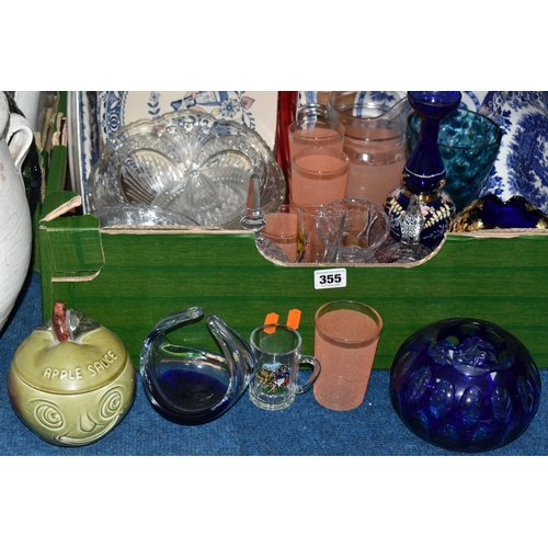 355 - THREE BOXES OF CERAMICS AND GLASSWARE, to include two hand painted Bohemian glass vases, a mid-centu... 