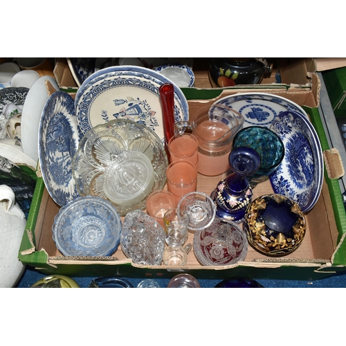 355 - THREE BOXES OF CERAMICS AND GLASSWARE, to include two hand painted Bohemian glass vases, a mid-centu... 