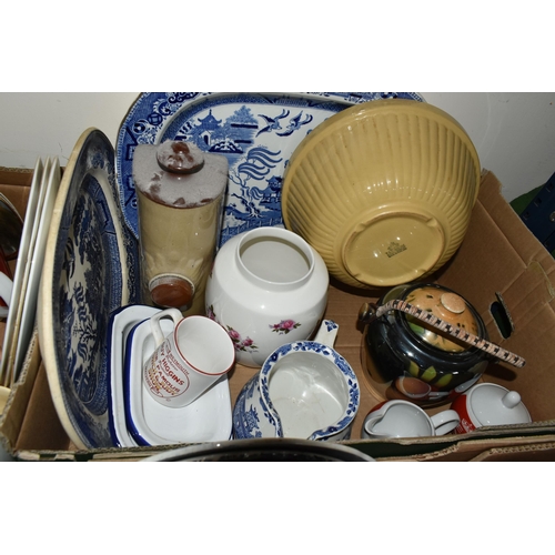 355 - THREE BOXES OF CERAMICS AND GLASSWARE, to include two hand painted Bohemian glass vases, a mid-centu... 