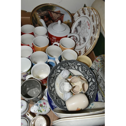 355 - THREE BOXES OF CERAMICS AND GLASSWARE, to include two hand painted Bohemian glass vases, a mid-centu... 