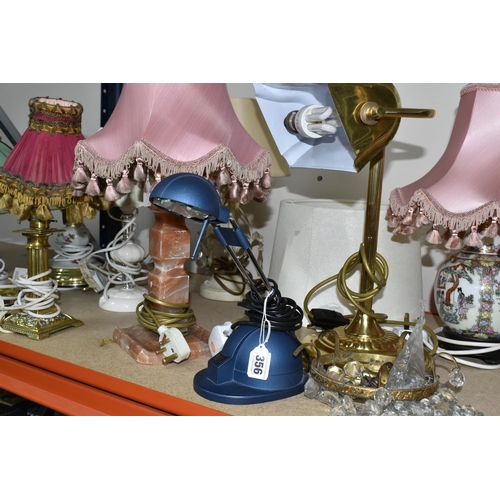 356 - A GROUP OF TABLE LAMPS, ten assorted lamps and a small crystal bag chandelier (missing chain and som... 