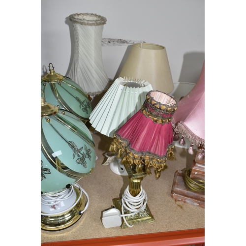 356 - A GROUP OF TABLE LAMPS, ten assorted lamps and a small crystal bag chandelier (missing chain and som... 