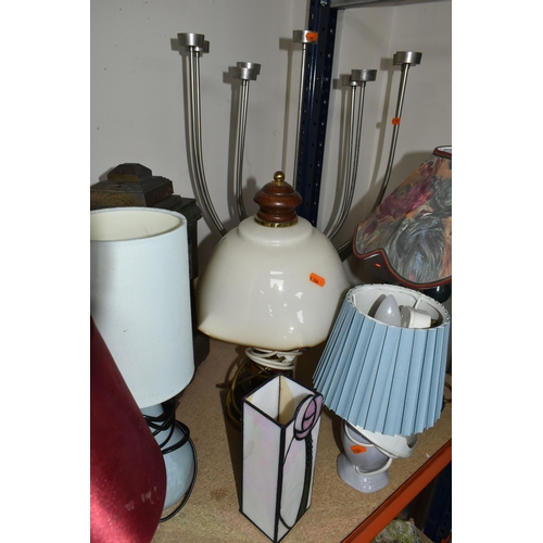 359 - A GROUP OF LAMPS AND VASES, to include a Mackintosh inspired leaded glass vase(cracked/hole in base)... 