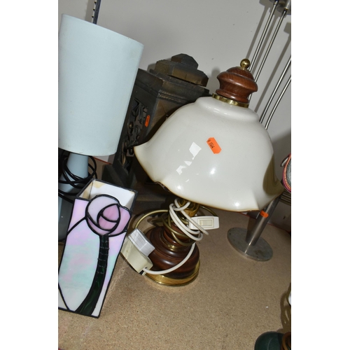 359 - A GROUP OF LAMPS AND VASES, to include a Mackintosh inspired leaded glass vase(cracked/hole in base)... 