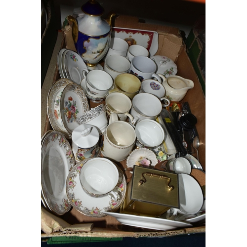 365 - THREE BOXES OF BOOKS, CERAMICS AND GLASSWARE, to include Royal Commemorative tea ware, drinking glas... 