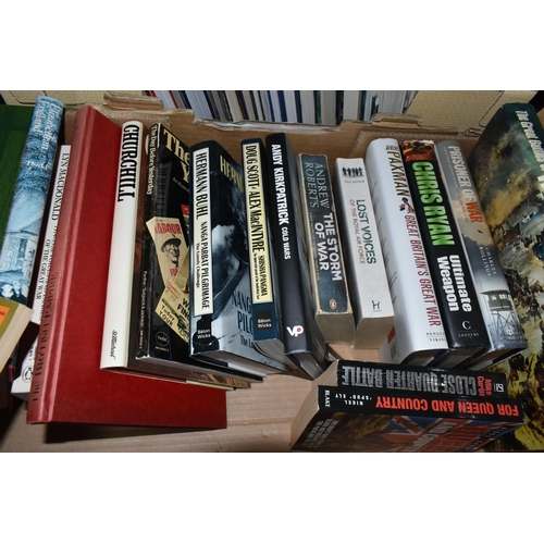 367 - FIVE BOXES OF ASSORTED BOOKS, a general mixture of over eighty paperbacks and hardback books, to inc... 